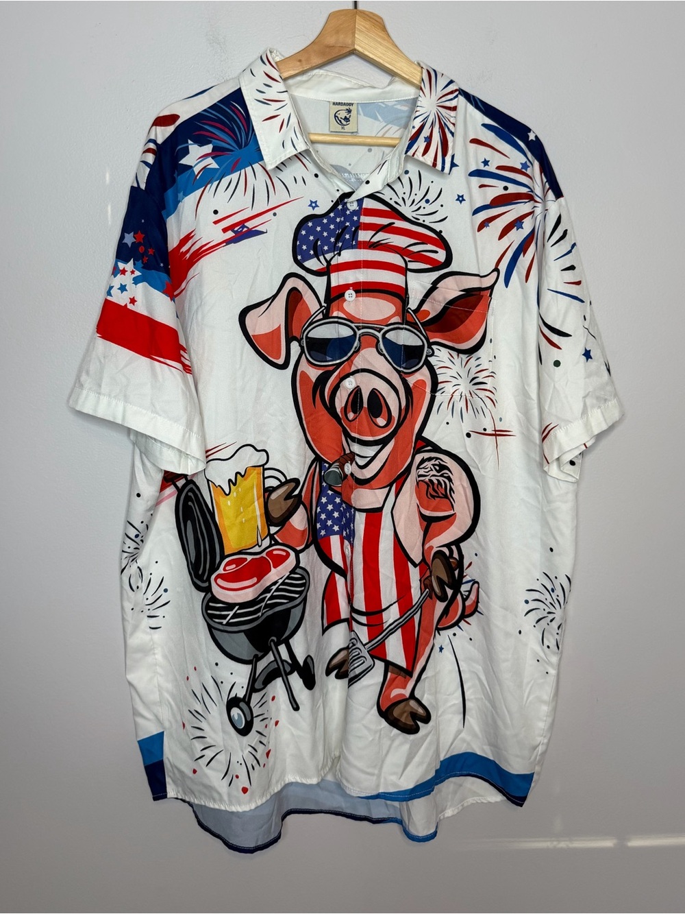 Hardaddy BBQ Grilling Pig Short Sleeve Double Sided Print Shirt Patriotic Men XL